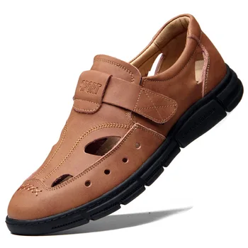 100% Couro Genuíno Sapatos de Homens Verão Calçado de Mens Casual Marca de Sapatos de Mens Sandálias Macio e Confortável Preto Sandálias KA4616