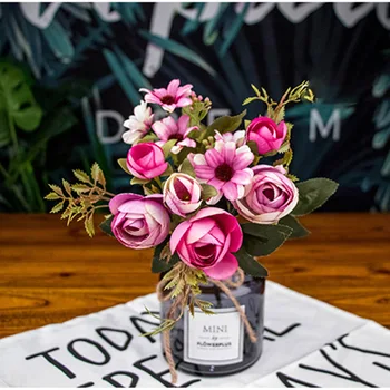 12-de-Rosa Falso Chá de Rosas de Seda Flor Gérbera Daisy Artificial de Plástico Flor de Noiva, Decoração DIY e do Mobiliário de Sala de estar Dez