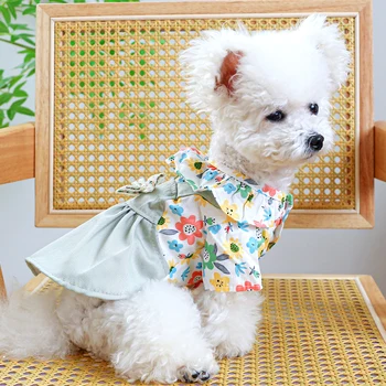 1PC Pet Vestuário Cão Primavera/Verão Fina Flor Verde Vestido de Alça de Arco Vestido de Princesa Para Pequenas e Médias Cães