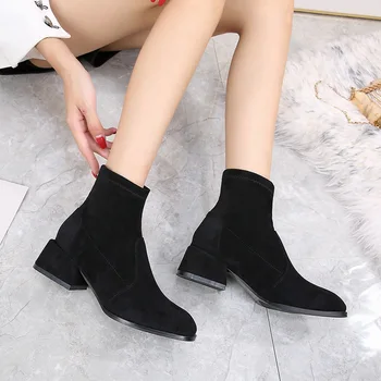 2020 designer trecho rebanho tornozelo botas de mulheres de outono inverno de pelúcia chelsea botas mujer dedo do pé quadrado curto botas slim robusto botines