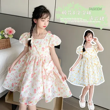 2023 de verão, roupas de Meninas Floral shoulderless Princesa Vestidos de Noiva coreia do Laço Branco de malha adolescente 3 4 6 8 10 12 13 14 ano