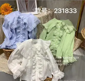 2023 do estilo de Coreia meninas babados de renda, camisa de algodão de manga comprida moda primavera meninas blusa 3-8t E97