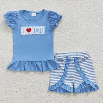 2023 mais Recente Design de RTS Bordado de Crianças Roupas de Boutique Faixa Azul Shorts Conjuntos de Criança Roupas de Meninas