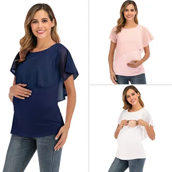 2023 Maternidade Tops das Mulheres em Lactação T-camisa de Chiffon Sólido Emendados Amamentação Roupas Camisa de Manga Curta Branca-de-Rosa da Marinha