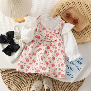 2023 Meninas Bebê Primavera Outono Verão Conjunto de Roupas de camisa Branca+flor Vestido de Moda infantil para Crianças de Aniversário Princesa 2pcs Roupas