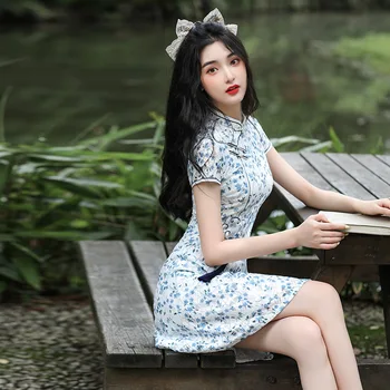 2023 Verão de Renda Curto Sexy Cheongsam Kawaii Meninas Vietnã Ao Dai Slim Fit Retro Chinês Tradicional Qipao Vestido para as Mulheres