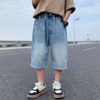 2023 Verão Meninos Novos Jeans Curto coreano Grande de Crianças Soltas Fina Largas e de Cintura Alta em linha Reta Bezerro comprimento de Calças de Harajuku Roupas