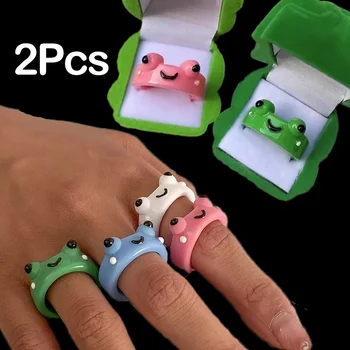 2pcs Bonito Sapo Anéis Coloridos Resina de Polímero Acrílico Anéis de Dedo de Mulheres Meninas Amizade Anéis Casal Adorável Animal de Jóias Presentes