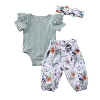 3PCS Infantil Criança Bebê Meninas Roupas de Algodão Plissado Bodysuit Floral Halen Calças fita para a Cabeça Bebê Roupas Meninas