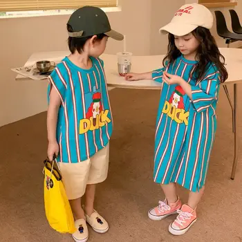As crianças Verão T-shirt de Criança Menino de desenhos animados de Impressão Solto e Casual Fino T-shirt Menina de Bebê de Algodão Carta Listrada de Manga Curta Vestido de Colete