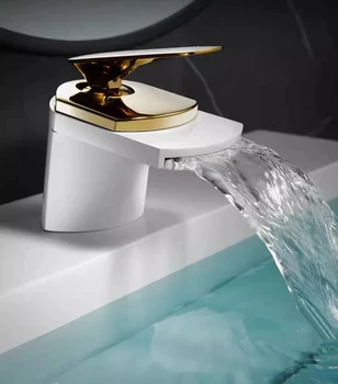 Branco Cachoeira Minimalista arte cheia de cobre único punho Banheiro bacia contrária da bacia do lavatório lavatório quente e fria com torneira