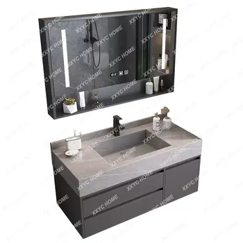 Casa De Banho De Pedra Placa De Armário De Banheiro Combinação Moderna Simples Lavagem De Mãos Lavatório Lavatório Espelho Integrado De Gabinete Definir