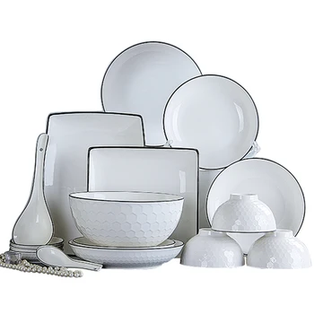 Conjunto prato casa de Cerâmica jantar noodle soup bowl placa de combinação simples de porcelana de mesa de cerâmica colher conjunto de Taças