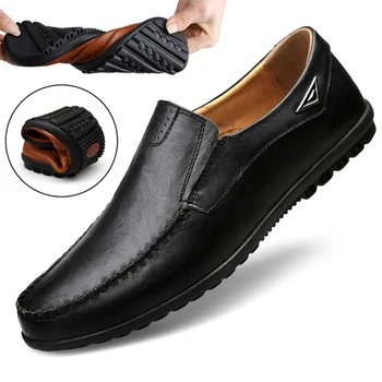Couro genuíno Homens Casuais Sapatos de marcas de Luxo 2021 Mens Sapatos Mocassins Respirável Slip on Preto Condução Sapatos Plus Size 37-47
