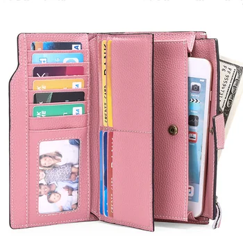 Couro RFID anti-roubo, com escova de mulheres da carteira cabeça longa do couro do telefone móvel de mão, bolsa carteira de couro
