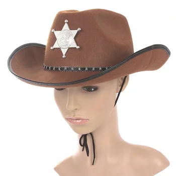Cowboys Chapéus Homens De Preto West Sheriff Traje De Mulheres, Crianças Ocidental Marrom Cowgirl Pentagrama