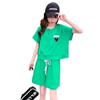 Crianças de Esportes Terno para Meninas de Moda de Verão de Espadas de Manga Curta + Shorts 2 Pcs Conjunto Teen Suave Loungewear Crianças Trainings