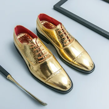 De Luxo, Ouro, Couro De Patente Homens Sapatos Mocassins Casual Sapatos Para Homens De Vestido De Festa De Sapatos De Casamento Sapatos Sociais Designer Italiano