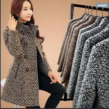 De lã casaco xadrez de lã casaco de mulheres, metade do comprimento de inverno casaco de pele