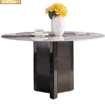Designer de Luxo rodada cozinha em Mármore, Pedra, Laje de jantar mesa 8 cadeiras mesa de jantar do tablo móveis de marbre de Carbono de aço da base de dados