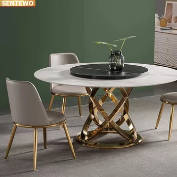 Designer de Luxo rodada de jantar em Mármore, Pedra, Laje mesa de jantar 6 cadeiras tisch móveis meuble marbre de aço Inoxidável, base de ouro