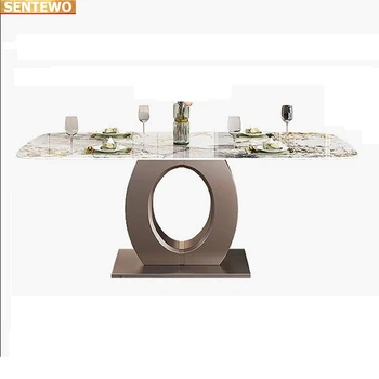 Designer de Luxo, sala de jantar em Mármore, Pedra, Laje mesa de jantar 6 cadeiras mesa uma manjedoura móveis de marbre de aço Inoxidável, base de ouro