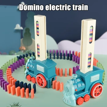 Dominó Crianças Automática Imposição Trem Elétrico Colorido Dominó Grupo de Tijolos Jogo Kit de Brinquedos de DIY Presentes infantis