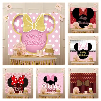 Dos desenhos animados de Disney cor-de-Rosa Glitter Vermelho Laço do Minnie do Mickey Mouse da Cabeça Feliz Festa de Aniversário Temática Pano de Fundo para Crianças de Faixa