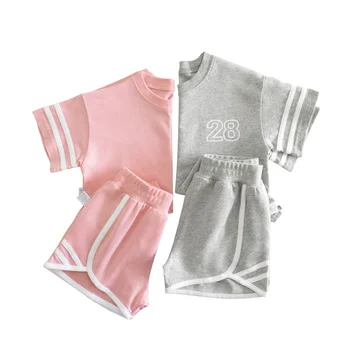 EnkeliBB Criança Garota Verão Casual Conjuntos de T-shirt e Shorts Combinando Terno de Algodão cor-de-Rosa Cinzento Roupas