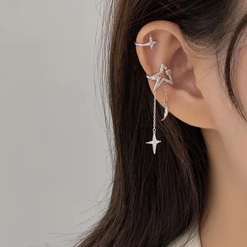 Espumante Assimétrica Piercing, Brinco para Mulheres Zircão Lua Estrela Cartilagem Piercing de argola Brinco Ear Clip de Jóias de Casamento