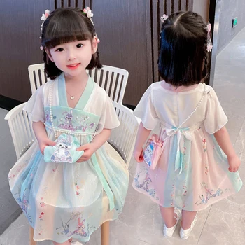 Estilo chinês Vestido de Princesa para Meninas de Verão StellaLou Vestidos Bordados com Saco Bonito Pedaço de 2 Crianças com Roupas Vintage 2-6Y