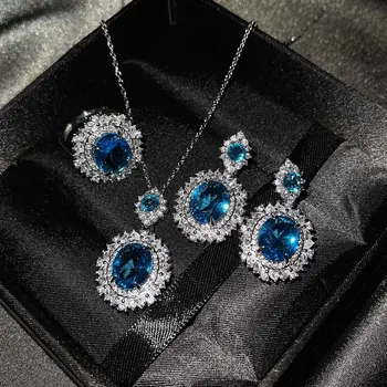 Europeus e Americanos de luxo nova cor tesouro definir embutidos com azul marinho anel de topázio, citrino, brincos, colar de diamantes cor-de-rosa