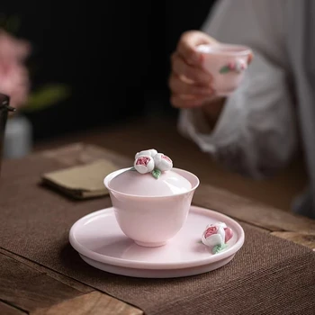 Flor Rosa Gaiwan Cerâmica Xícara De Chá De Família Tigela De Chá De Kung Fu Conjunto De Chá Fêmeas Teacup Gaiwan Conjunto De Chá Artesanal Requintado Teaware