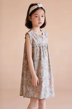 Garota verão Vestido Floral Design de Moda Babados, Mangas de Algodão de crianças Vestido de roupas para Menina de 4-12Y de Verão, roupas infantis