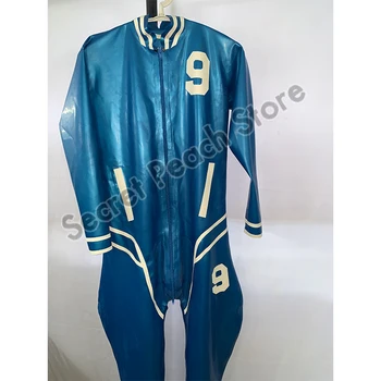 Latex Catsuit Azul Metálico Homens De Látex Esportes Jaqueta Bodysuit Com Zíper Frontal
