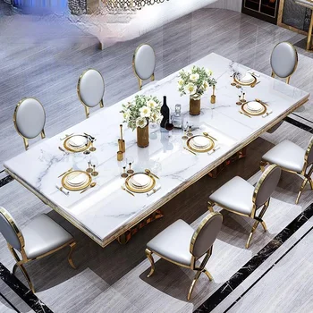 Luxo Em Mármore Branco, Mesa De Jantar E Cadeira Combinação Retangular Agregado Familiar Tipo Italiano Grande Conciso Moderno Mobiliário