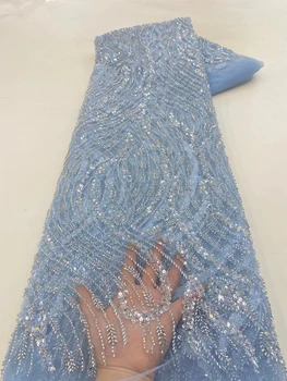 Mais recente Europeu de Luxo da África do Bordado de malha laço Brilhante Paetês Bordados em 3D flor de Tule de Renda com contas em Vestido de Noite
