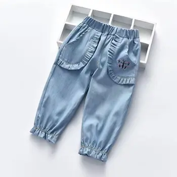 Meninas casual calça jeans Bordados para crianças meninas de Calças Soltas 2023 Primavera, Outono Bolso Elástico Crianças dos desenhos animados Lanterna
