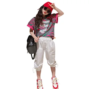Meninas de Roupas Sportswear Conjunto de Verão Carta de Impressão de Tarja Superior T-shirt + Elastic da Cintura da Calça 2pcs de Moda Streetwear Roupa 4-14 Anos