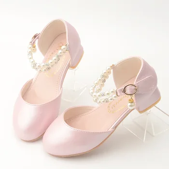 Meninas de salto alto sapatos de vestido flash diamante pérola cadeia de desempenho dos alunos de couro sapatos de casamento sapatos de festa