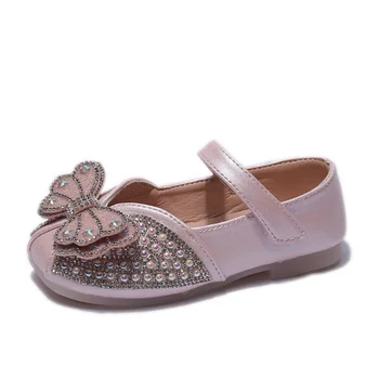 Meninas Pouco Sapatos de Couro De 2023 a Primavera e o Outono Novas Crianças Cristal Sapatos Filha do Arco Macio, Sola de Sapatos
