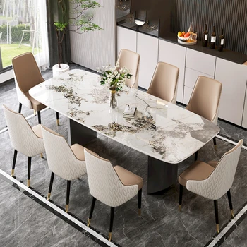 Mesa retangular, luz de luxo, de alta qualidade, brilhante rock placa de pedra de luxo, moderno, simples e grande família, a família de mesa de jantar um