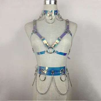 Mulheres novas arco-íris de PVC, cintos para o busto Corrente de Metal cinto largo da cadeia de ampla chocker com grande Anel-O de Novo Clube de Noite decoração