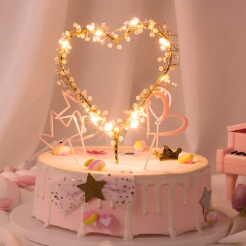 NOVO 1PC Forma de Coração LED Pérola Bolo Toppers Bebê Feliz Aniversário de Casamento Cupcakes Festa Bolo de Decoração Ferramenta