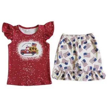 O bebê Meninas de 4 De julho de Roupas de Boutique Bandeira dos Eua Impresso Shorts Cartoon T-Shirts Conjuntos de Crianças de Criança de Verão Casual Roupas