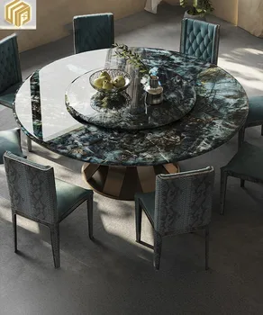 O Designer de luz de luxo, natural de luxo pedra redonda mesa e cadeira combinação high-end restaurante villa mesa de mármore com turntab