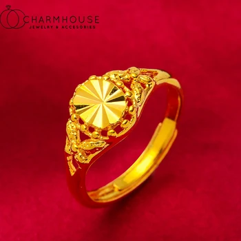 Ouro 24K Cor Anéis de Noivado Para Homem, Mulher Requintada Abrir o Anel de Dedo Ajustável de Jóias de Casamento Acessórios Anillo Mujer