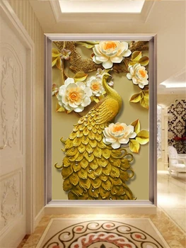 Personalizado de papel de parede de estilo Chinês novo 3D em relevo de ouro pavão flor mural da sala quarto varanda na parede do fundo обои