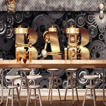 Personalizados em 3D papel de Parede de Estilo Europeu, Metal Letra do Mecânico de Engrenagens Foto Murais de Parede Sala de estar, Restaurante, KTV, Bar Fundo Murais