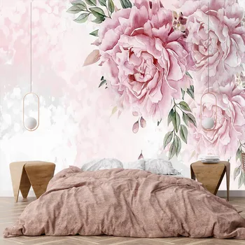 Pintados à mão em aquarela cor-de-rosa peônia personalizado 3D papel de parede, adesivo de parede quarto sala de estar, Casa decoração
